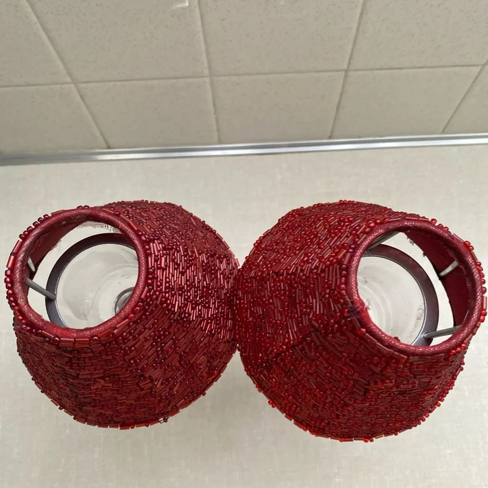 Pottery Barn Holiday Vintage Red Beaded Lamp Shades Votive Candlestick‎ Holders